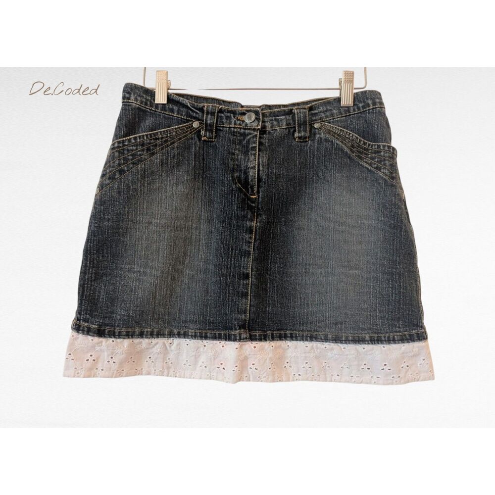 Decoded denim mini skirt size 9 Lace Hem Y2K Boho Stretch Jean Skirt